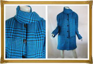 CARLISLE Aqua Blue & Black Plaid Houndstooth Pure Wool Coat w Matching 