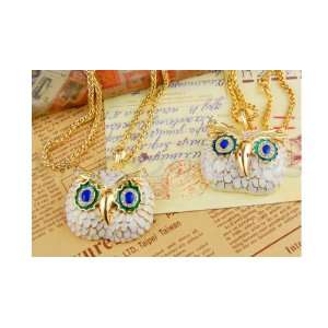   Crystal Enamel Owl Pendant Necklace Chain Blue Eyes