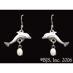 Dolphin Gemstone Earrings, 14k White Gold, White set gemstone, Dolphin 