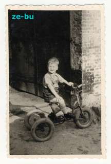1950s PHOTO BOY in LEATHER SHORTS on TRICYCLE Dreirad  