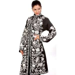   Long Kashmiri Jacket with Ari Embroidery in White Thread   Pure Silk