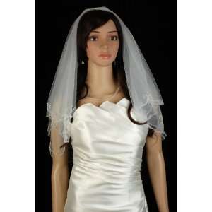    2T White Fingertip Pearl Beaded Wedding Bridal Veil Beauty