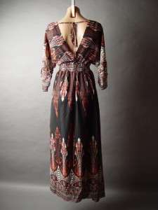89 Arden B. Ethnic Print Kimono Sleeve Caftan Style Chiffon Long Maxi 