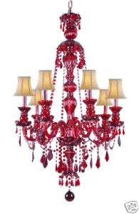 LIGHT LARGE RUBY RED CRYSTAL CHANDELIER WITH SHADES  