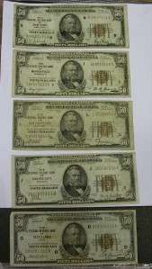 FIVE DIFFERENT NATIONAL BANK LOT  ALL $50 NOTES  ID#K188  