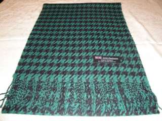   100% Cashmere Green Black Houndstooth Plaid Scarf Scotland Wool Z62