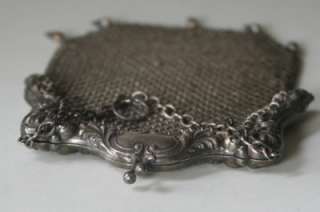 Vintage Antique German Silver Mesh Purse Bag w Repousse Frame Chain 