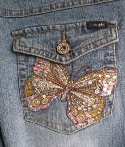 ANGELS JEANS EMBROIDERED CRYSTAL BUTTERFLY POCKETS STRETCH DENIM SZ.9 