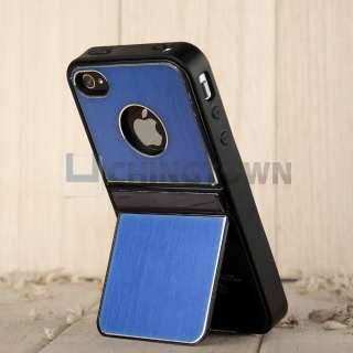   Blue Aluminum TPU Stand Hard Case Cover With Chrome For iPhone 4 4G 4S