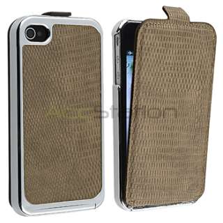 Brown Deluxe Flip PU Leather Chrome Case Cover for Apple iPhone 4 4G 
