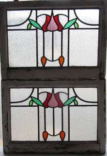 Pair of Antique Stained Glass Windows Five color Art Nouveau Ruby and 