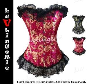 Classical Floral Brocade Lace Flounce Overbust Corset Bustier  