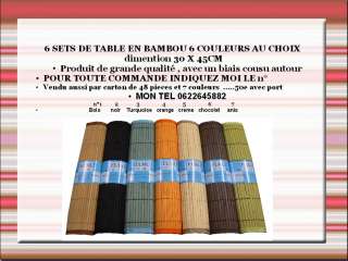   10 SETS DE TABLE EN BAMBOU CHOIX 7 COULEURS 30 X 45CM