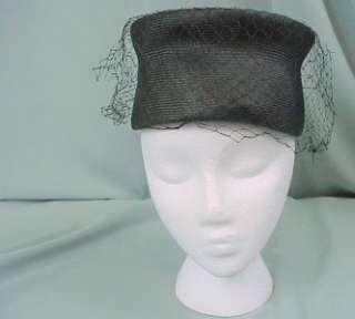 Vintage 50s Black STRAW PILLBOX Hat ~Designer Hat  