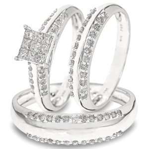  Cut Diamond 3 Ring Matching Wedding Set 10K White Gold Three Ring 
