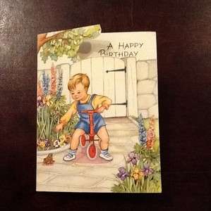 461  Vintage Gibson Birthday Greeting Card Cute Boy on Tricycle 