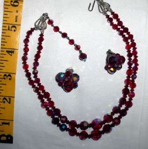 AURORA BOREALIS RED CRYSTAL BEAD DOUBLE STRAND 15  NECKLACE & CLIP 