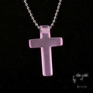 Frosted Pink Glass Cross Pendant on Ball Chain Necklace  