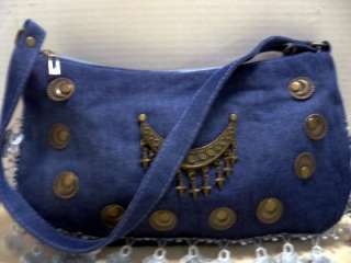 Navy Blue Denim Handbag Purse Metal Trim Tassels NEW  