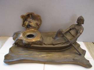 Antique Bronzed Spelter Plated Figural Inkwell   Girl Rowing Boat desk 