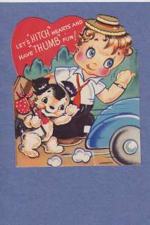 0212 VINTAGE VALENTINE CARD HOBO BOY HITCHHIKER WITH HIS DOG THUMBING 