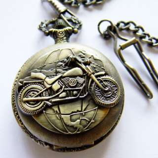Bronze Motorcycle Case Mens Pocket Watch Clip Chain New  