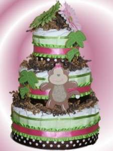 Pink, Green and Brown Monkey Diaper Cake for Girl Baby Shower Center 