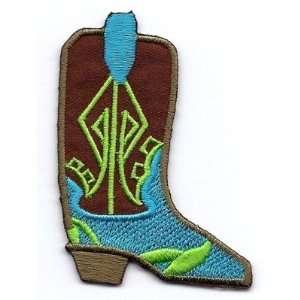 Cowboy Boot, Brown, Green & Aqua/Iron On Embroidered Applique/Western 