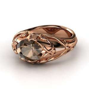  Hearts Crown Ring, Oval Smoky Quartz 14K Rose Gold Ring Jewelry