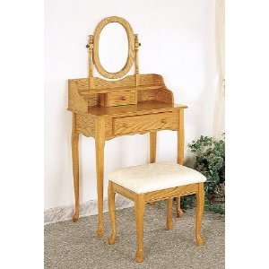 Queen Anne Style Oak Finish Wood Vanity Table Stool/Bench & Mirror Set