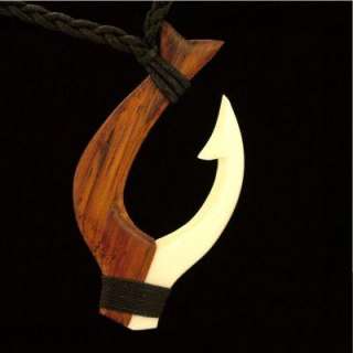 Carved Koa Wood & Bone Fish Hook Adjustable Necklace  