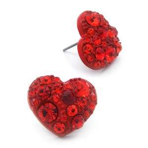    Sweet Red Rhinestone Heart Button Fashion Earrings Jewelry