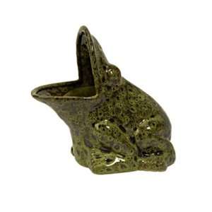  11 Green Ceramic Frog Planter with Black Speckled Glaze 