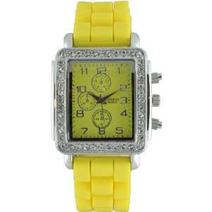  Geneva Yellow Rectangle Face Silicone Watch with Crystal 