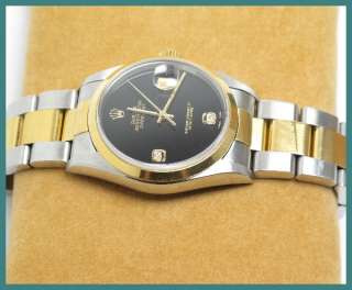   ROLEX Datejust SS &18k Gold Watch 16203 Black Onyx Arabic Diamond Dial