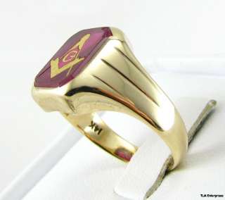 MASON   14K Yellow GOLD *Red Stone* A+ Masonic RING  