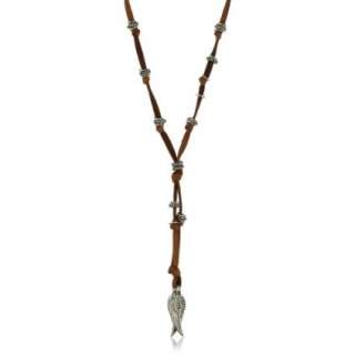 Ettika  Mens Silver Angel Wings with Feather Rust Leather Necklace 