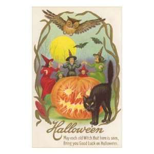  Witches, Bats Owl, Cat, Jack OLantern Giclee Poster Print 
