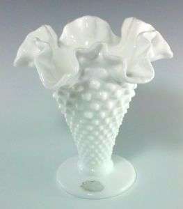 Fenton HOBNAIL MILK GLASS Footed Double Crimped Vase 6  