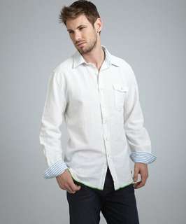 Arnold Zimberg white linen blend pocket front long sleeve shirt
