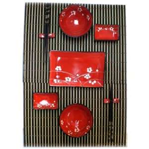   11pc Japanese Red Cherry Blossom Sushi Dinner Set: Kitchen & Dining