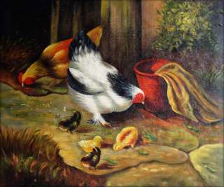 Museum Q. Hand Painted Oil Painting Barnyard Chicken Family 24x20 