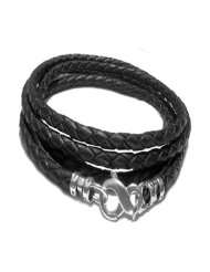   Bold 925 Sterling Silver Black Wrap Around Braided Leather Bracelet