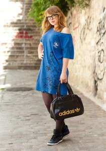 AdidasTrefoil Vintage BohoChic Womens T Shirt Dress Blue Black White 