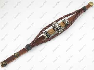   Tribal Hemp Brown Leather Bracelet Wristband Mens w/Snap Skull  