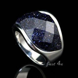 Violet Blue Sandstone Stainless Steel Gem Ring R167  