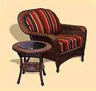 PREMIUM ALL WEATHER JAVA WICKER PATIO CHAIR W/END TABLE LAUNDRY STRIPE 