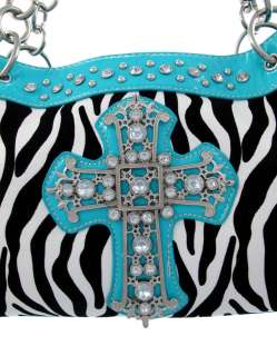 Zebra Print Gothic Cross Studded Handbag Turquoise Blue Trim  