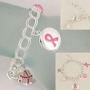  Bracelet ~ Breast Cancer ~ Silver Tone with Pink Ribbon 