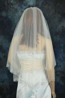 2T Fingertip White Rhinestone Beaded Wedding Veil  